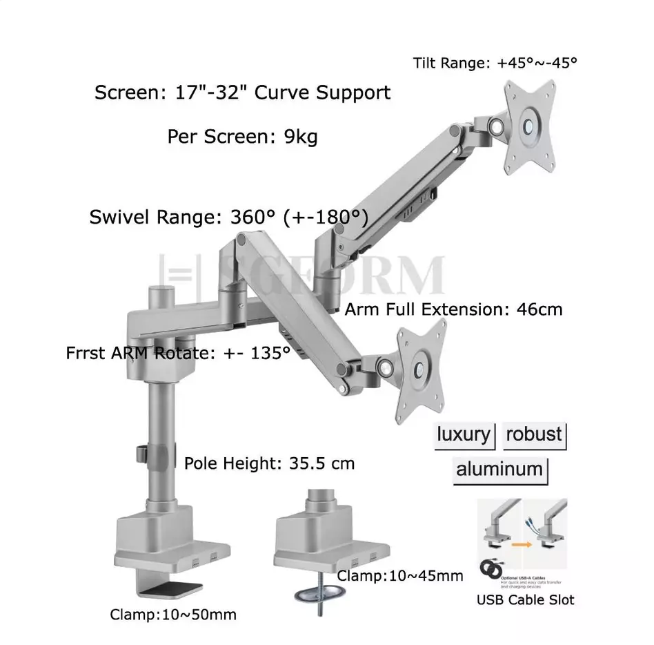 Dual Monitor Pole-Mounted Thin Gas Spring Monitor Arm