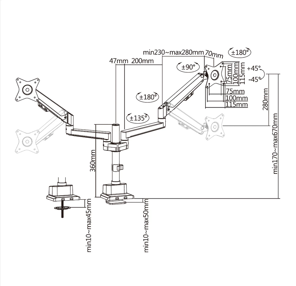 Dual Monitor Pole-Mounted Thin Gas Spring Monitor Arm